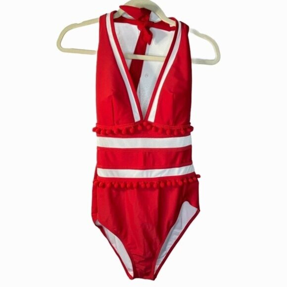 NWT COCOSHIP Plunging Neck One Piece Swimsuit Pom Pom Tassel 16 Red White - Picture 2 of 12